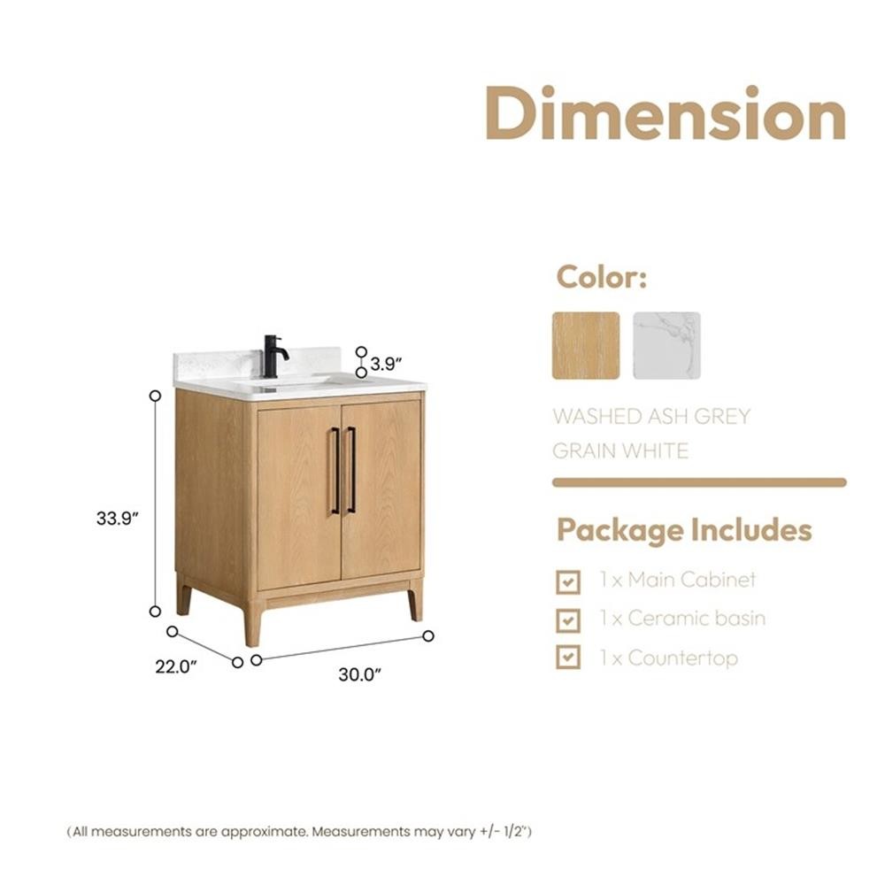 Gara 30″ Single Bath Vanity in Washed Ash Grey with White Grain Composite Stone