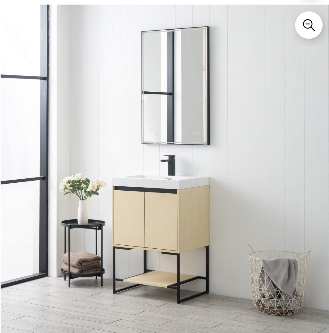 Modern Freestanding Bathroom Vanity Single Sink Light Wood Black Metal Shelf