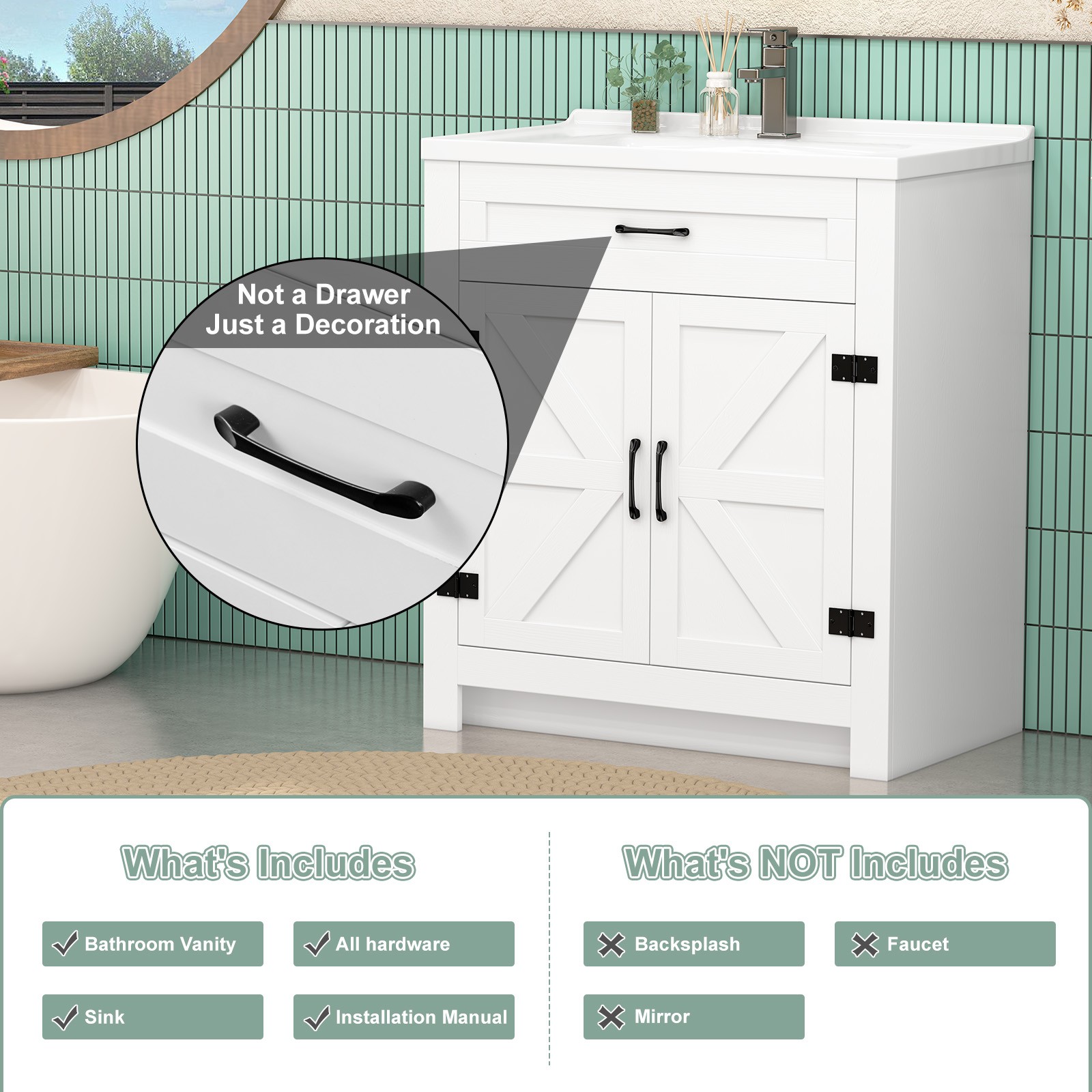 Modern Single Bathroom Vanity w/Ceramic Vessel Sink &Wide Storage Cabinet