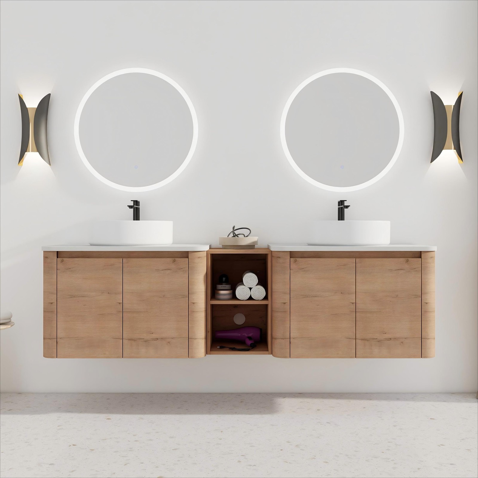 72” Wall-Mounted Bathroom Vanity Double Ceramic White Vessel Sink 4 Doors Wood