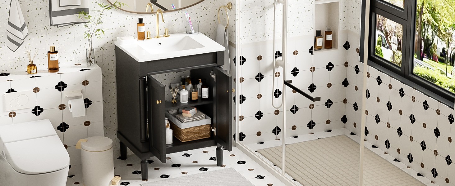 24″ Bathroom Vanity with Sink, Modern 2-Tier Storage Cabinet, Black