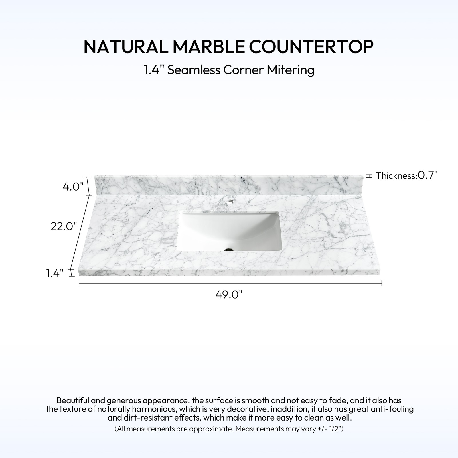 Zevio 49″W x 22″D Natural Marble Vanity Top in Carrara White with Ceramic Sink