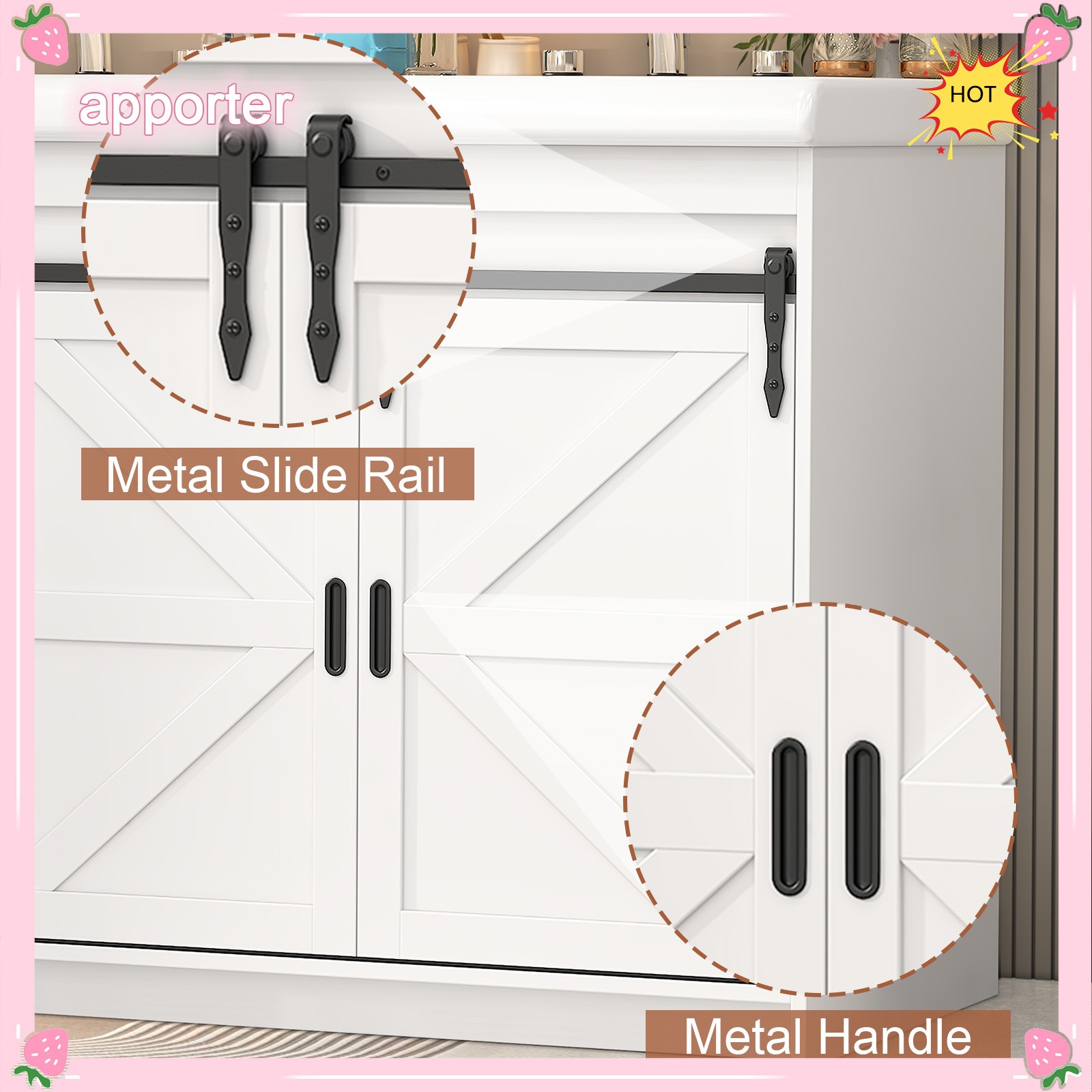 Yamissi Double Bathroom Vanity Cabinet Ceramic Sink with Sliding Doors 2 Drawers