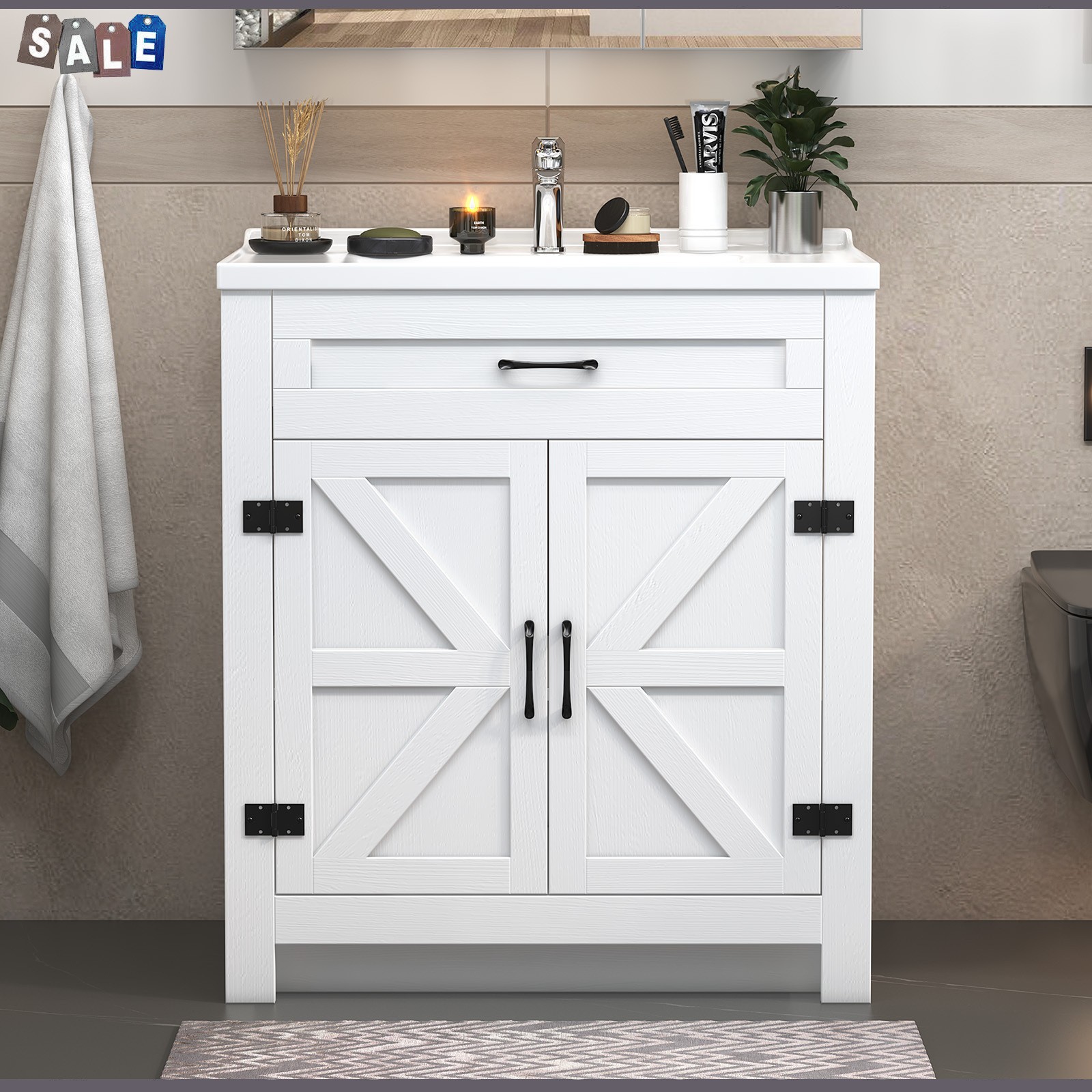 31″ Bathroom Vanity Freestanding Ceramic Sink Cabinet with Storage and Drawer