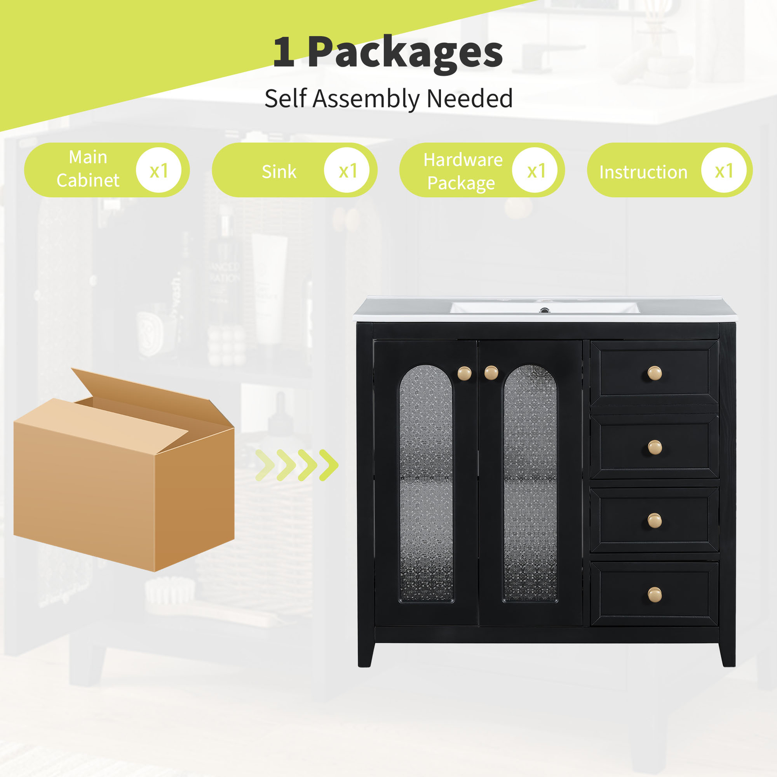 36” Bathroom Vanity w/Sink, Freestanding Bath Vanity Cabinet,3 Drawers, 2 Doors