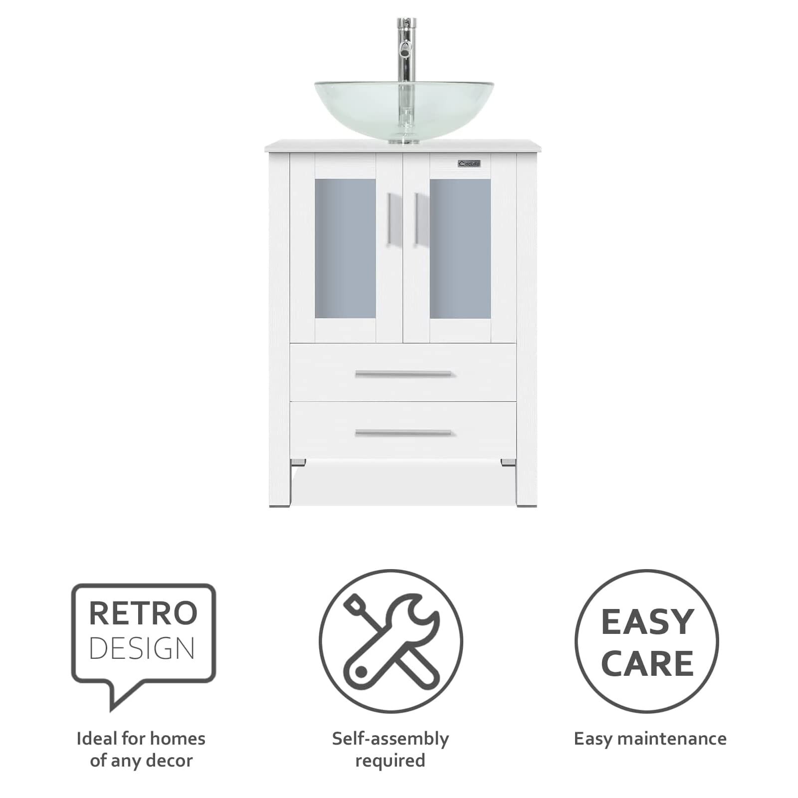 24″ White Bathroom Vanity Set Tempered Clear Glass Vessel Sink Combo No Mirror