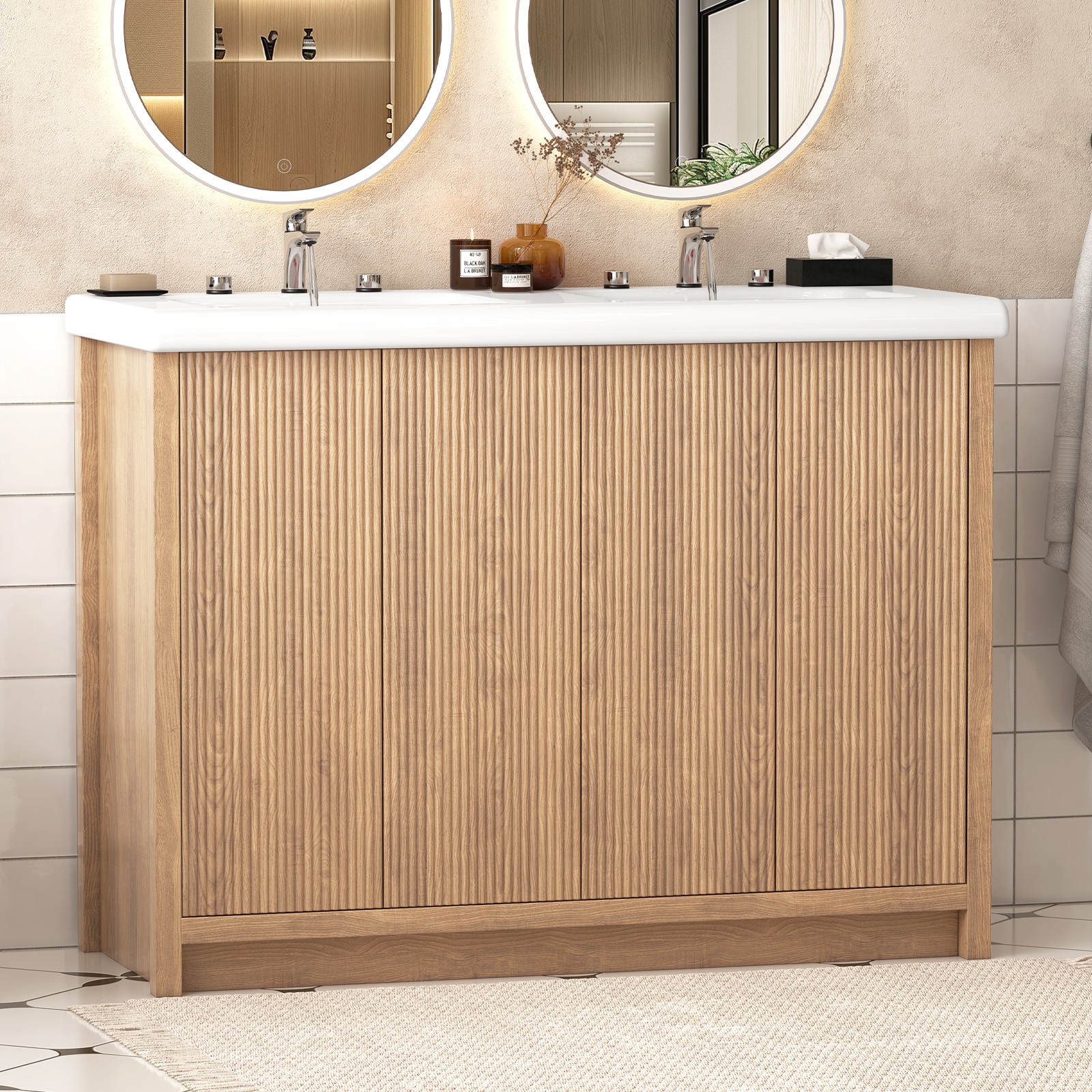 Large Bathroom Vanity Double Ceramic Sink Cabinet Storage Freestanding