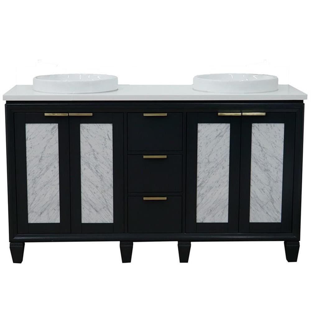 Pemberly Row 61″ Double Round Sink Vanity in Dark Gray/White Quartz Stone
