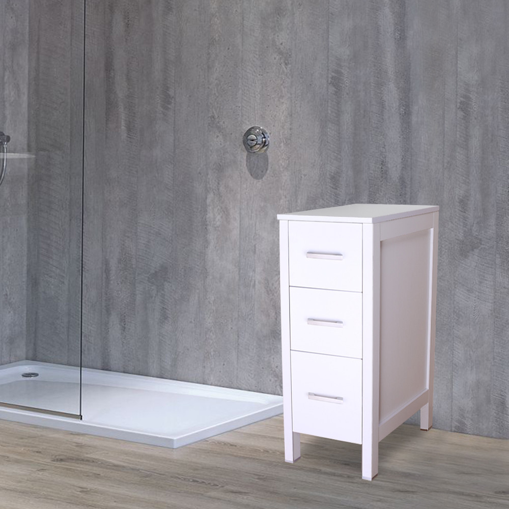 12″ White Bathroom Vanity 3 Drawers Small Beside Cabinet Shelf Modern MDF Wood