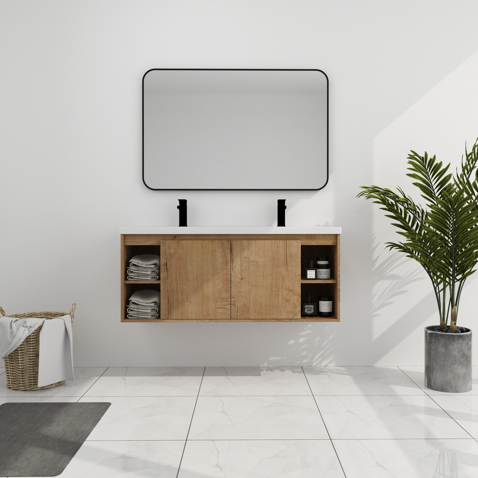 48inch Wood Wall Mounted Foating Bathroom Vanity W/ Double Sink +Shelf and Doors