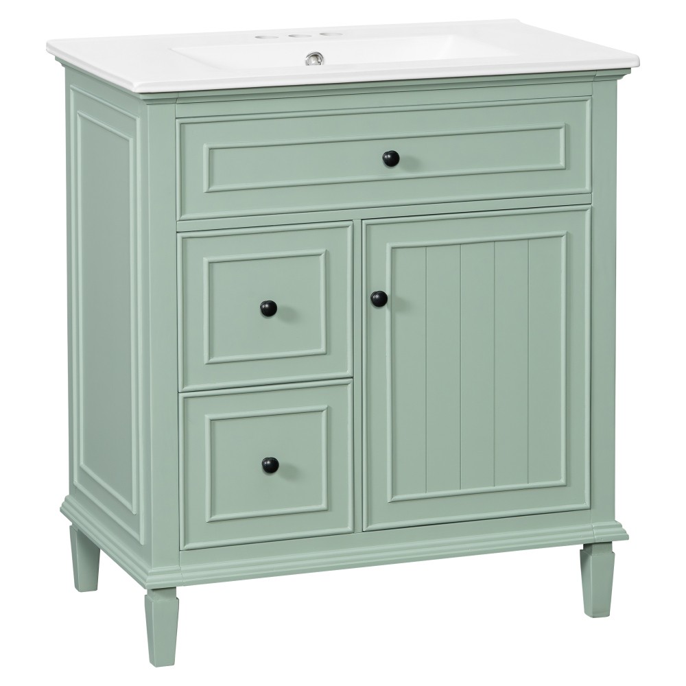 30″ Green Bathroom Vanity with Ceramic Sink Solid Wood MDF Cabinet