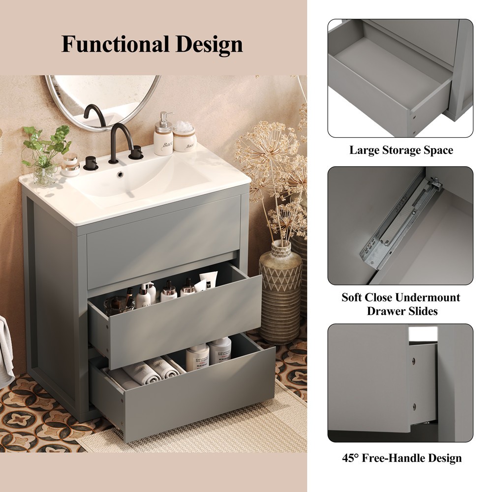 30″ Bathroom Vanity w/ Ceramic Sink, Freestanding Bath Vanity Cabinet, 2 Drawers