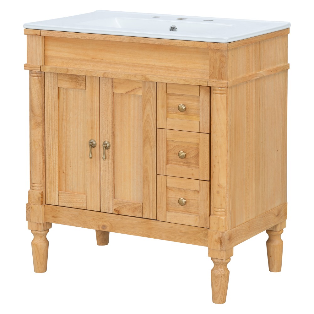 30-Inch Modern Bathroom Vanity, Solid Wood Frame + MDF, 2 Doors 3 Drawers