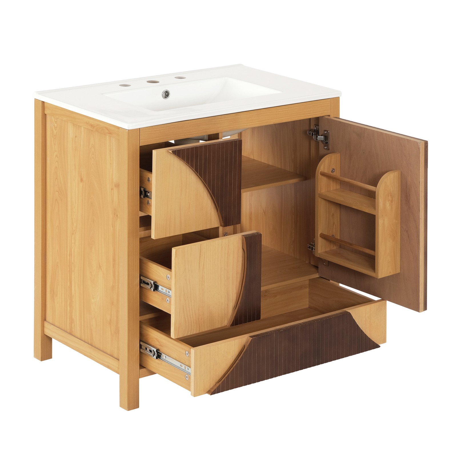 30″ Mid-Century Modern Bathroom Vanity with Sink, 3 Drawers, Solid Wood & MDF