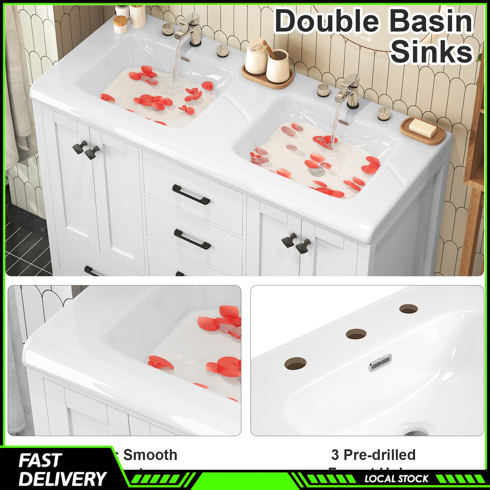 47.3 Inch Bathroom Vanity with Storage Double Ceramic Sinks Freestanding Cabinet