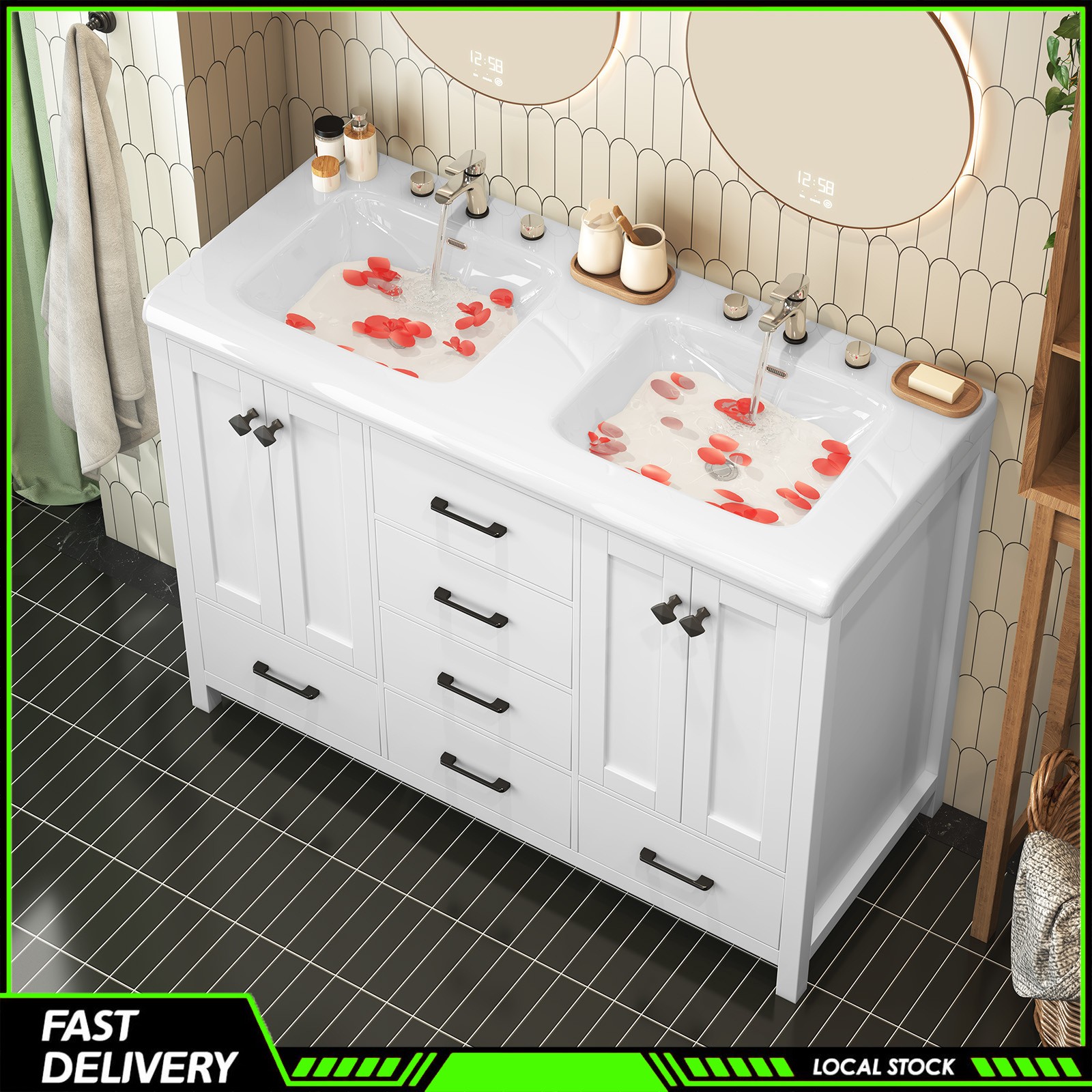 47.3 Inch Bathroom Vanity with Storage Double Ceramic Sinks Freestanding Cabinet