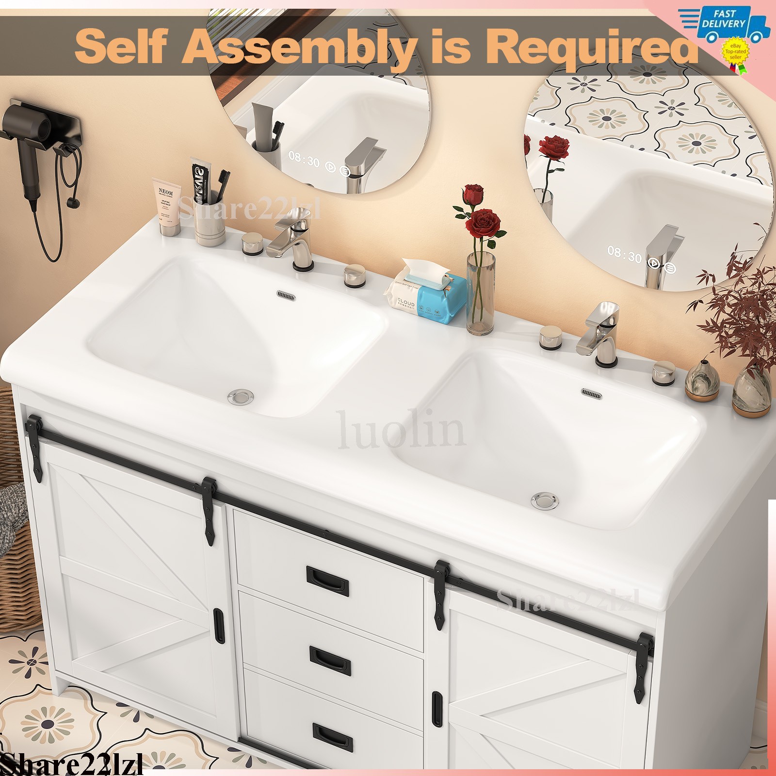 47″ Bathroom Vanity Cabinet Double Ceramic Sink Marble Countertop Cabinet Modern
