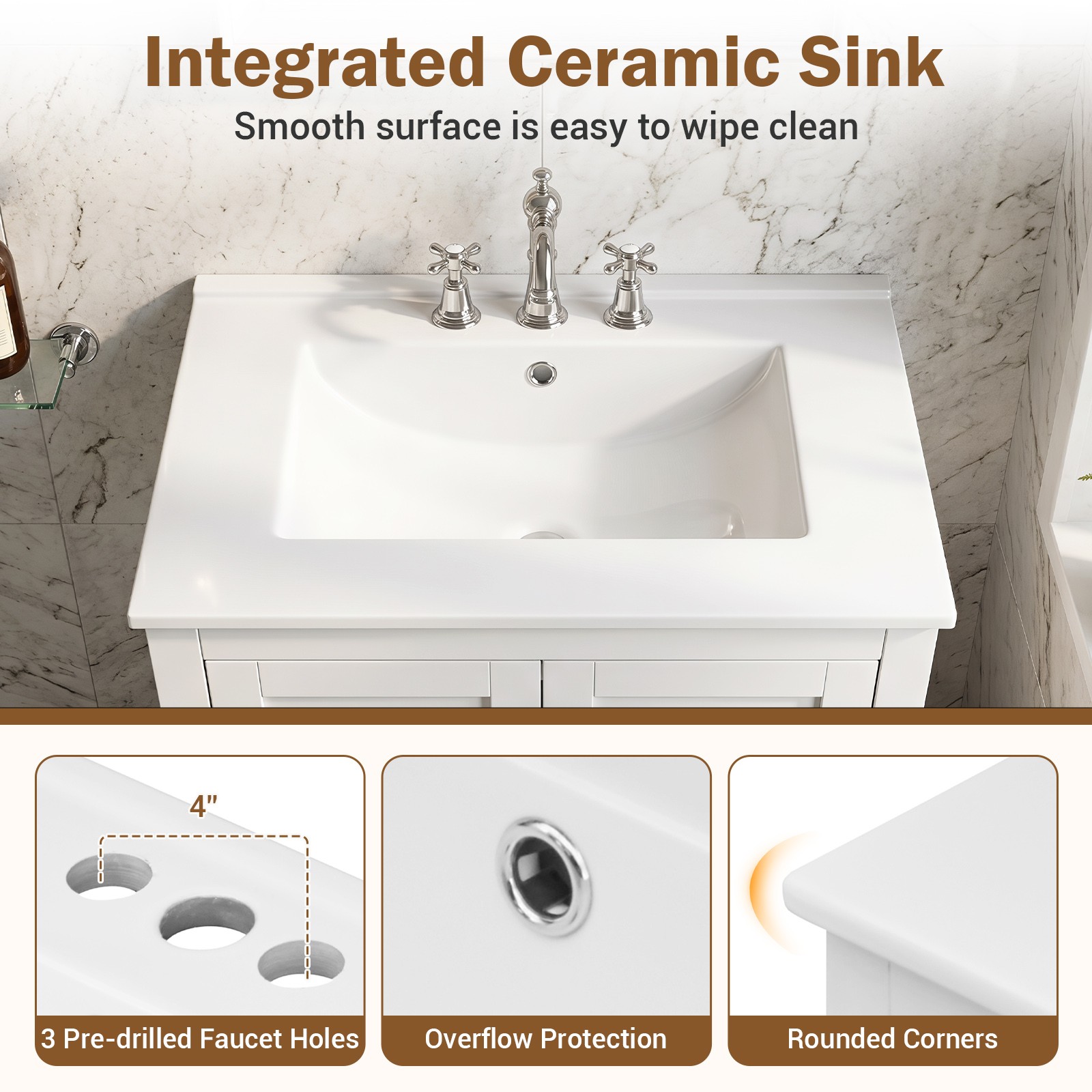 24.5” Modern Bathroom Vanity w/Sink, 2 Doors & Drawer, Rubber Wood Legs, White