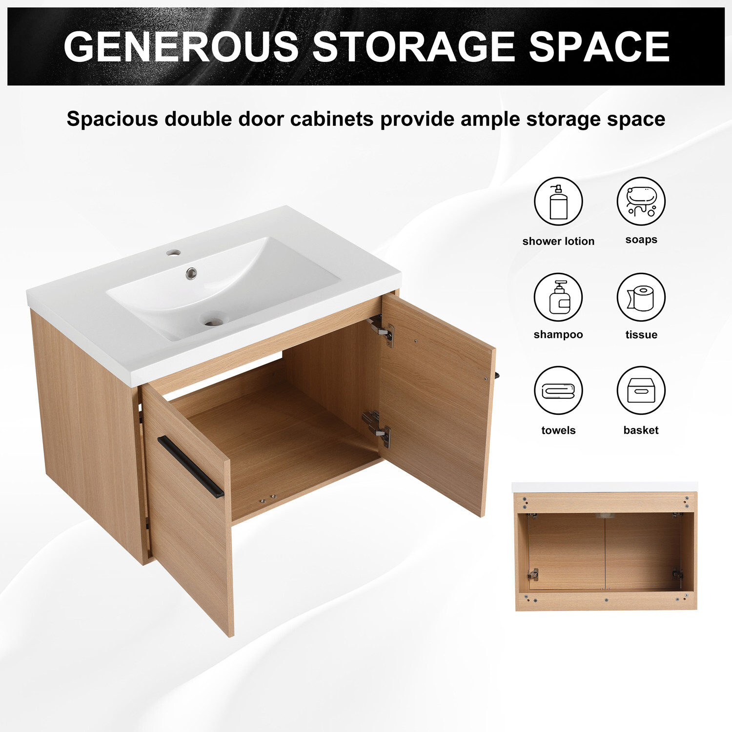 24″ 30″ 36″ Wall Mounted Bathroom Vanity with Sink, Floating Vanity Door Cabinet