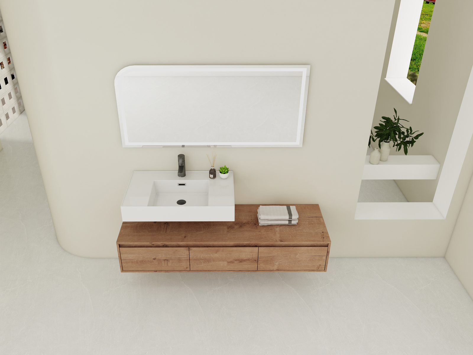 60″ Wood Wall Mount Bathroom Vanity Resin Sink Floating Vanity Sink Vessel Sink