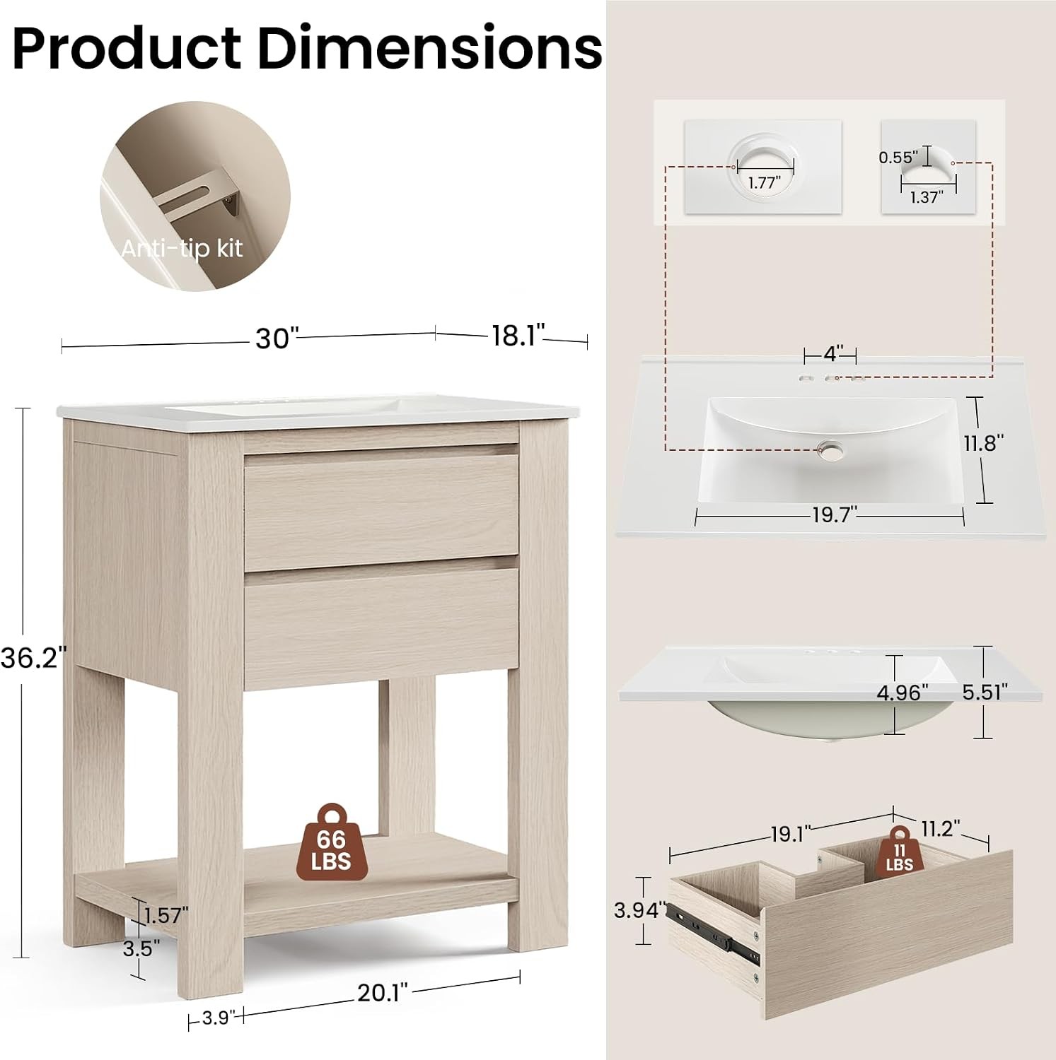 30″ Bathroom Vanity with Sink, White Oak Gray Bathroom Cabinet with 2-Drawer,
