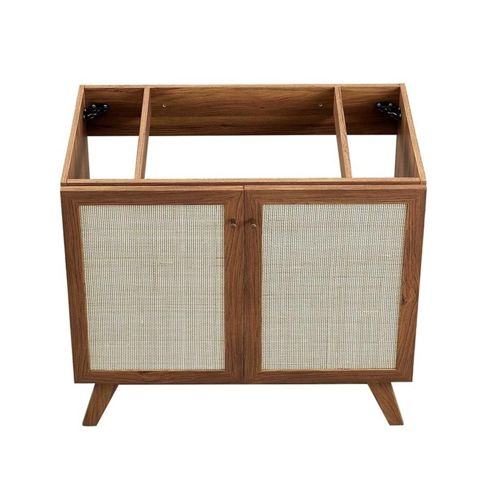 Pemberly Row 36″ Modern Wood Bathroom Vanity Cabinet with Rattan Door in Walnut