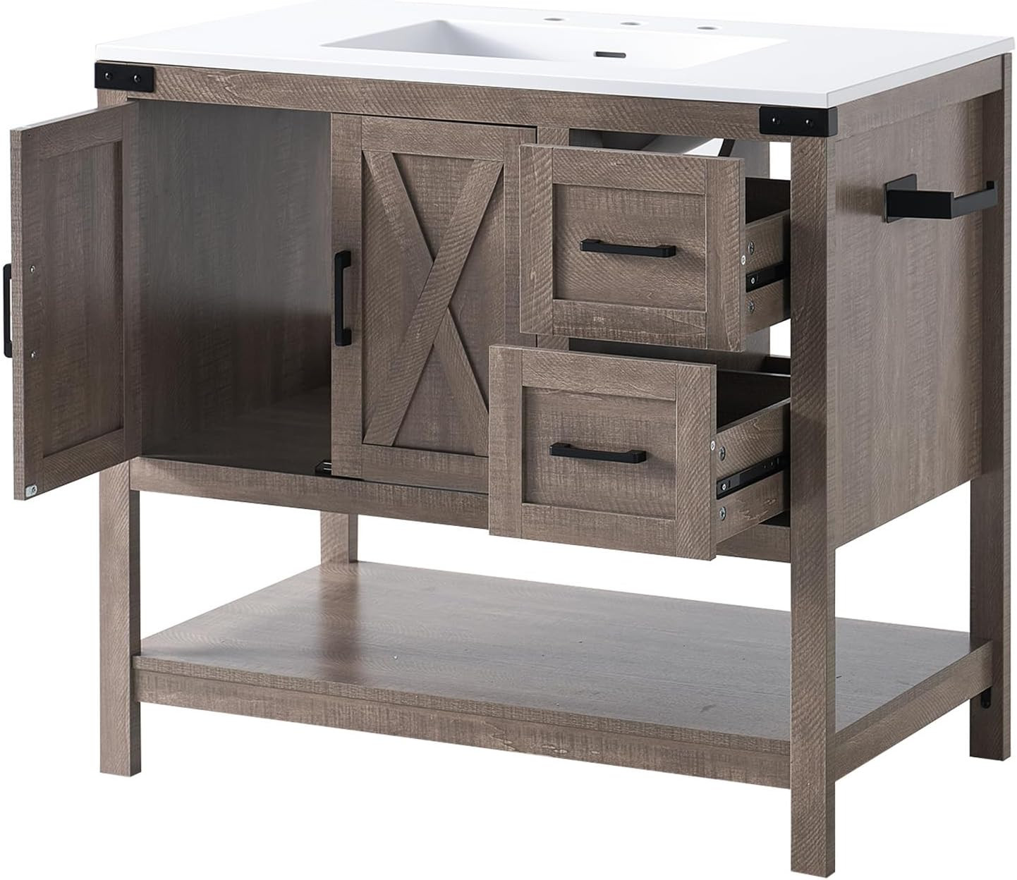 AMERLIFE 36″ Farmhouse Bathroom Vanity with Sink Combo, Wood Barn Door Freestand
