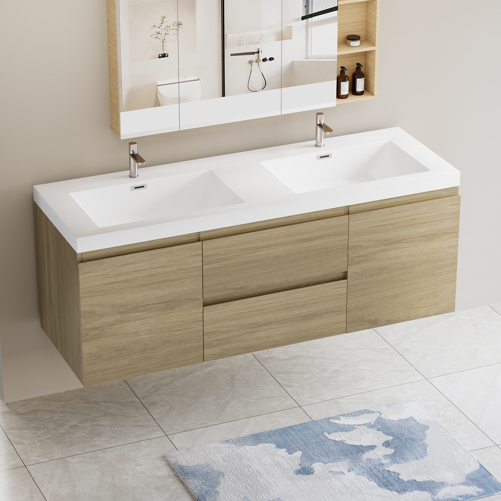 60″ Floating Wall-Mounted Bathroom Vanity 2Drawers Doors Double Resin Basin Sink