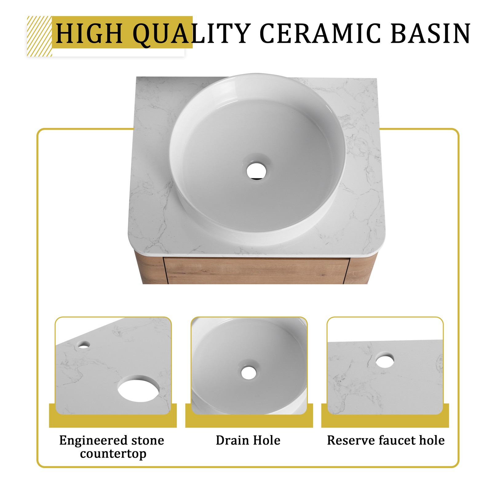 24 In Bathroom Vanity With White Flat Stone Slab Top White Ceramic Vessel Sink