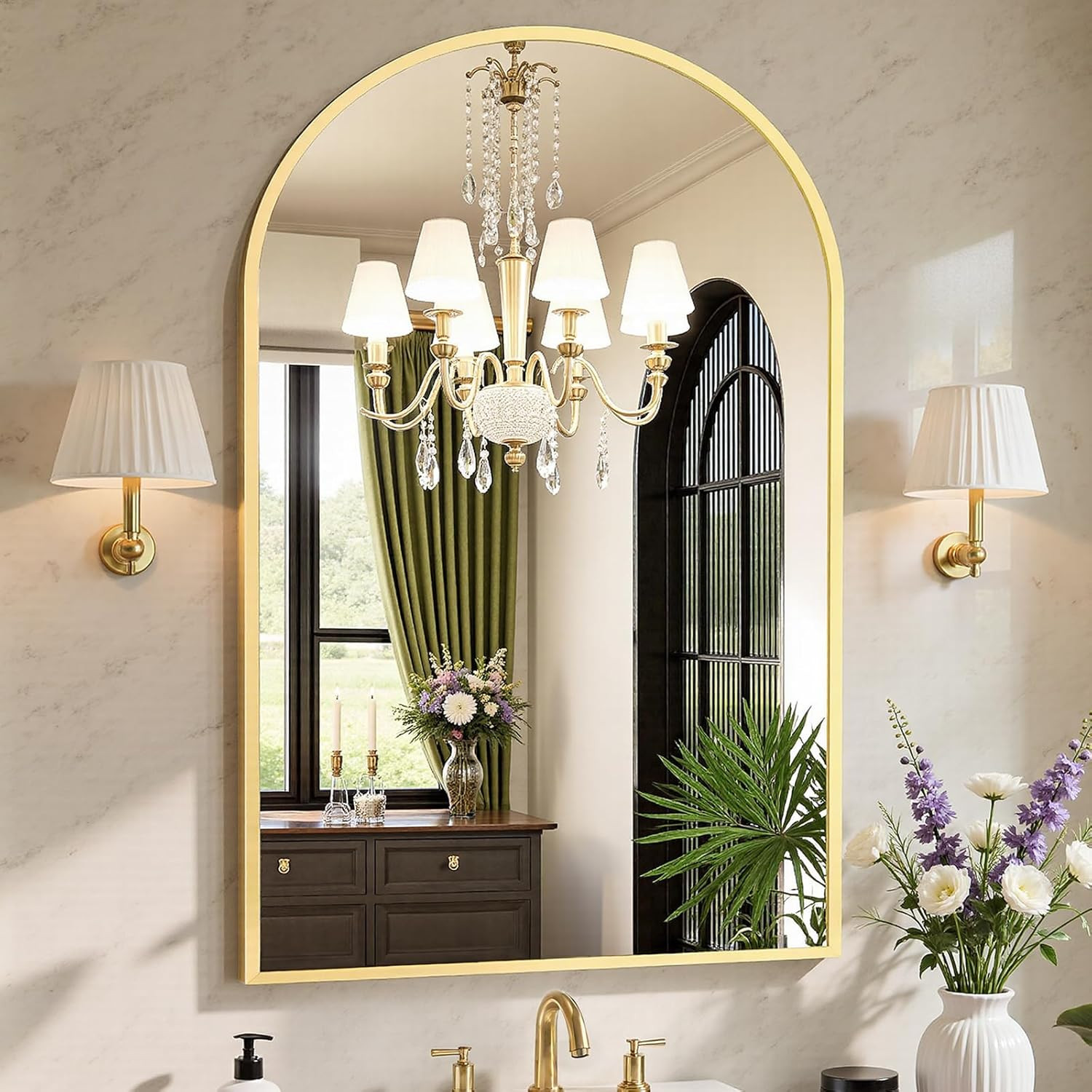 26.5″X38″ Arched Gold Bathroom Vanity Mirror for over Sink, Wall Decor Mirror fo