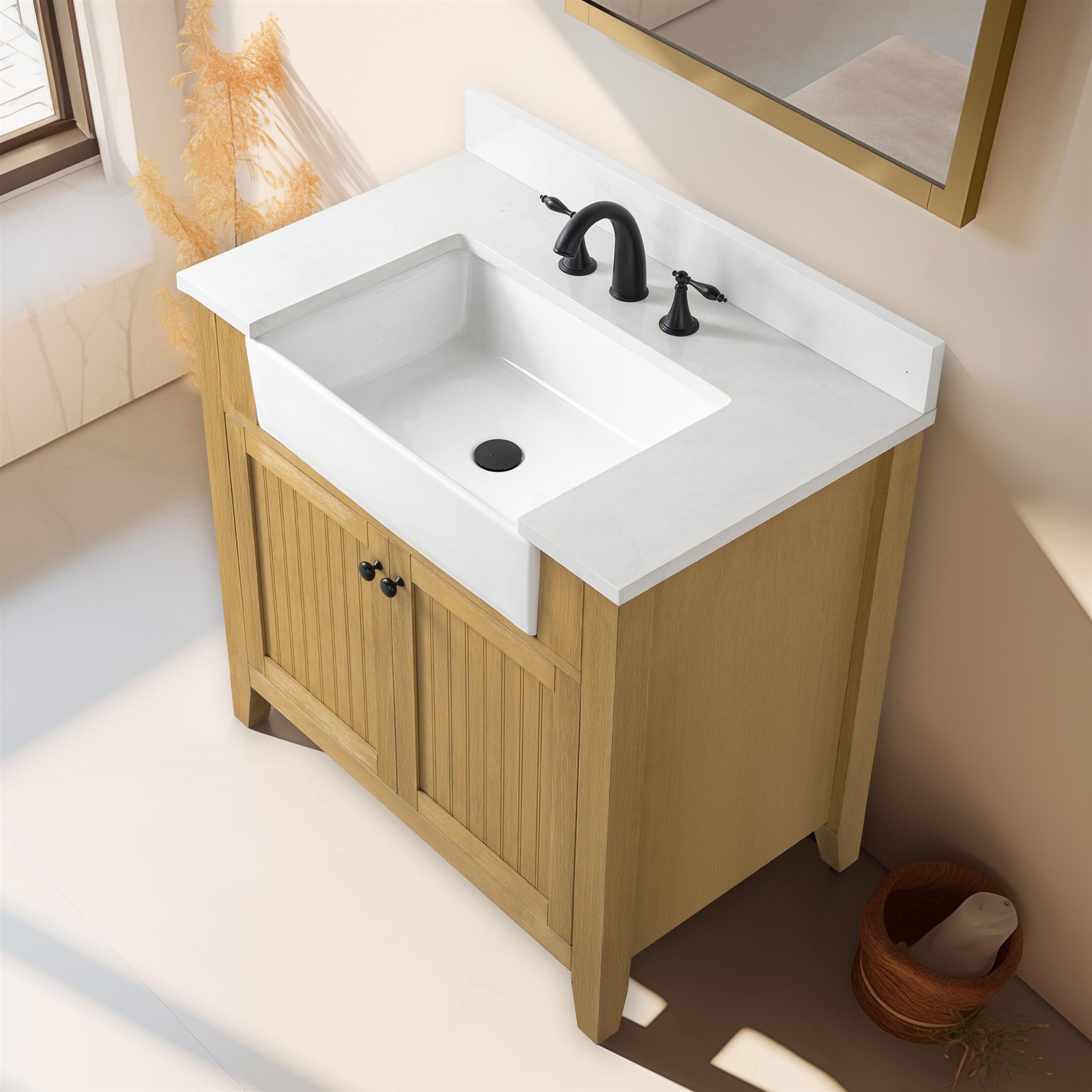 Design Element Burbank 36″ Single Sink Oak Bath Vanity with White Quartz Top