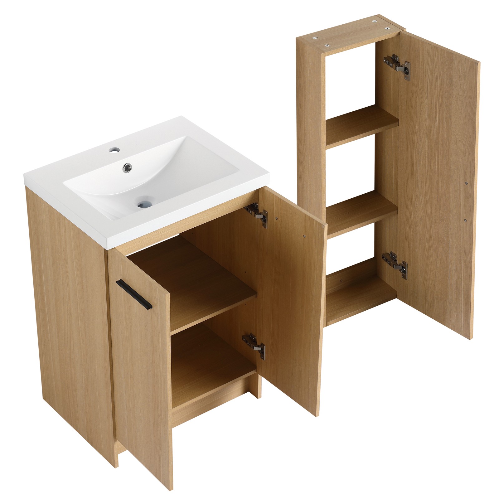 24″ Freestanding Bathroom Vanity Set with Tall Linen Cabinet, Light Oak