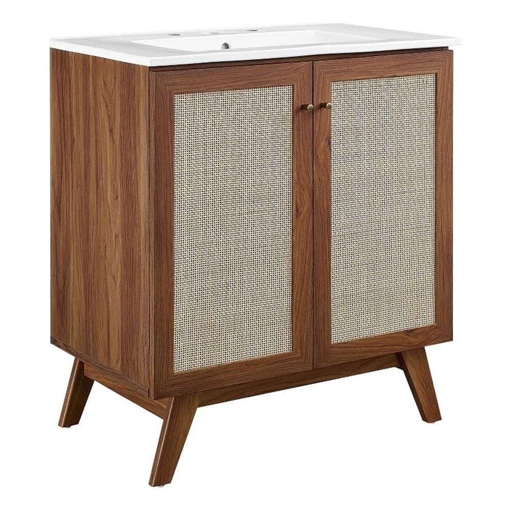 Modway Soma 30″ Modern Wood Bathroom Vanity with Rattan Door in Walnut/White