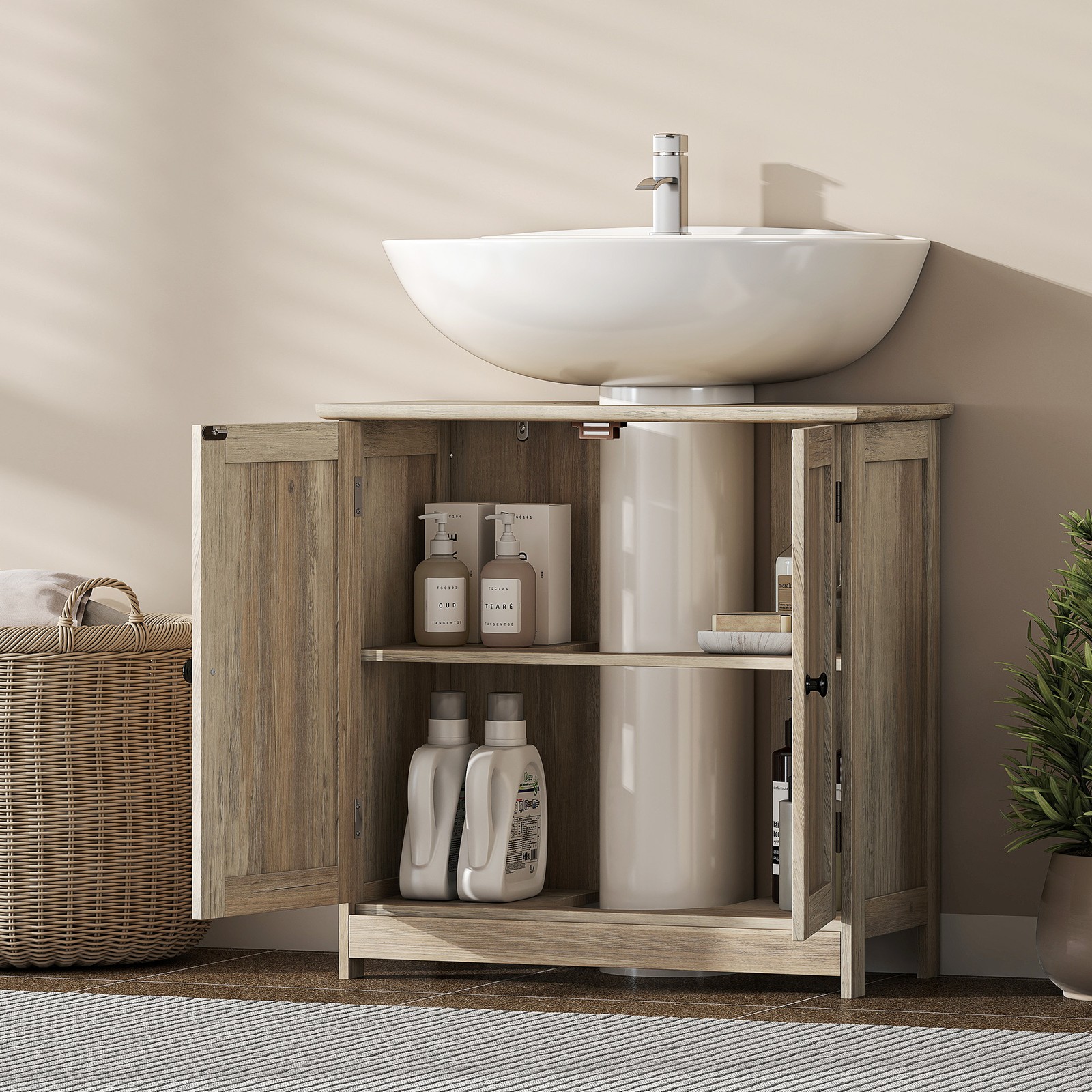 Under Sink Bathroom Cabinet with 2 Doors and Shelf, Gray Oak