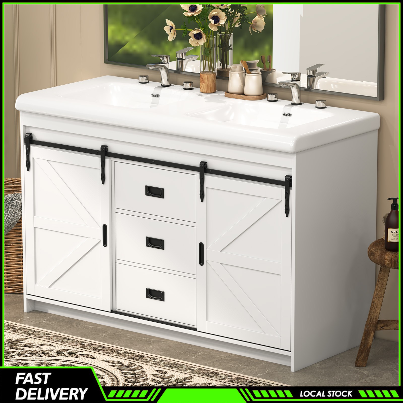 47” Bathroom Vanity &Double Sink Ceramic Basin Modern Storage Cabinet 3 Drawers