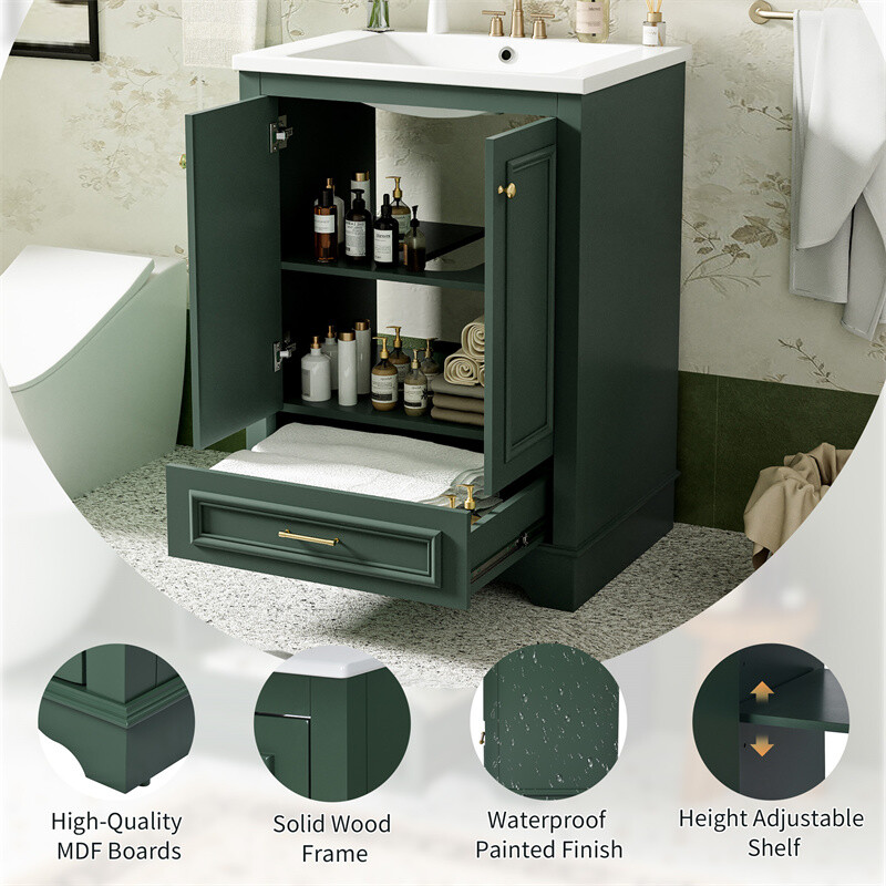 24” Bathroom Vanity with Ceramic Sink Combo Green Cabinet w/Doors & Drawers