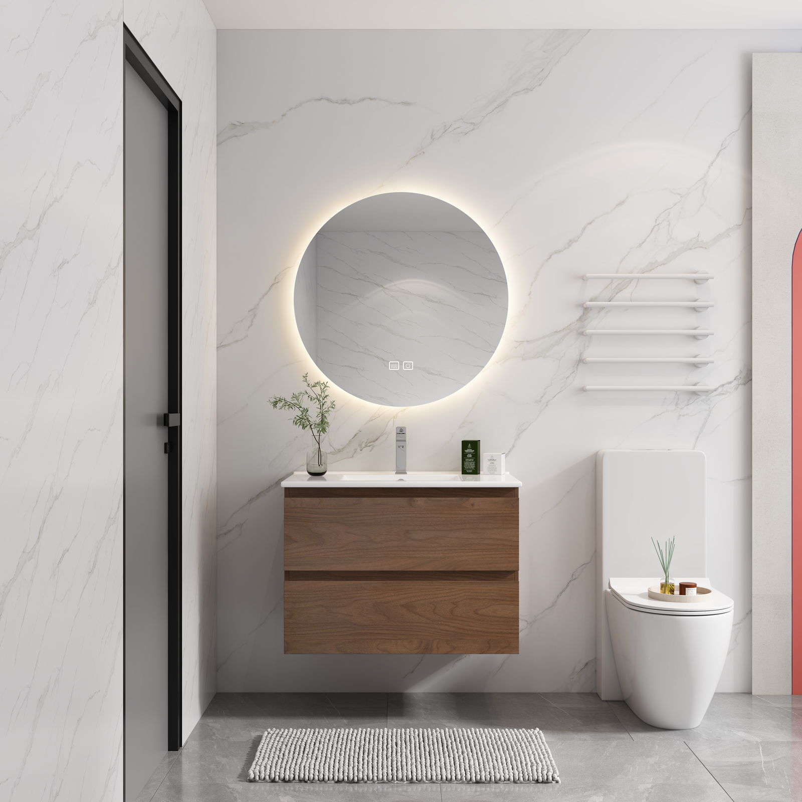30″ Wood Wall Mounted Bathroom Vanity With 2 Drawers Cabinet Ceramic Sink Basin