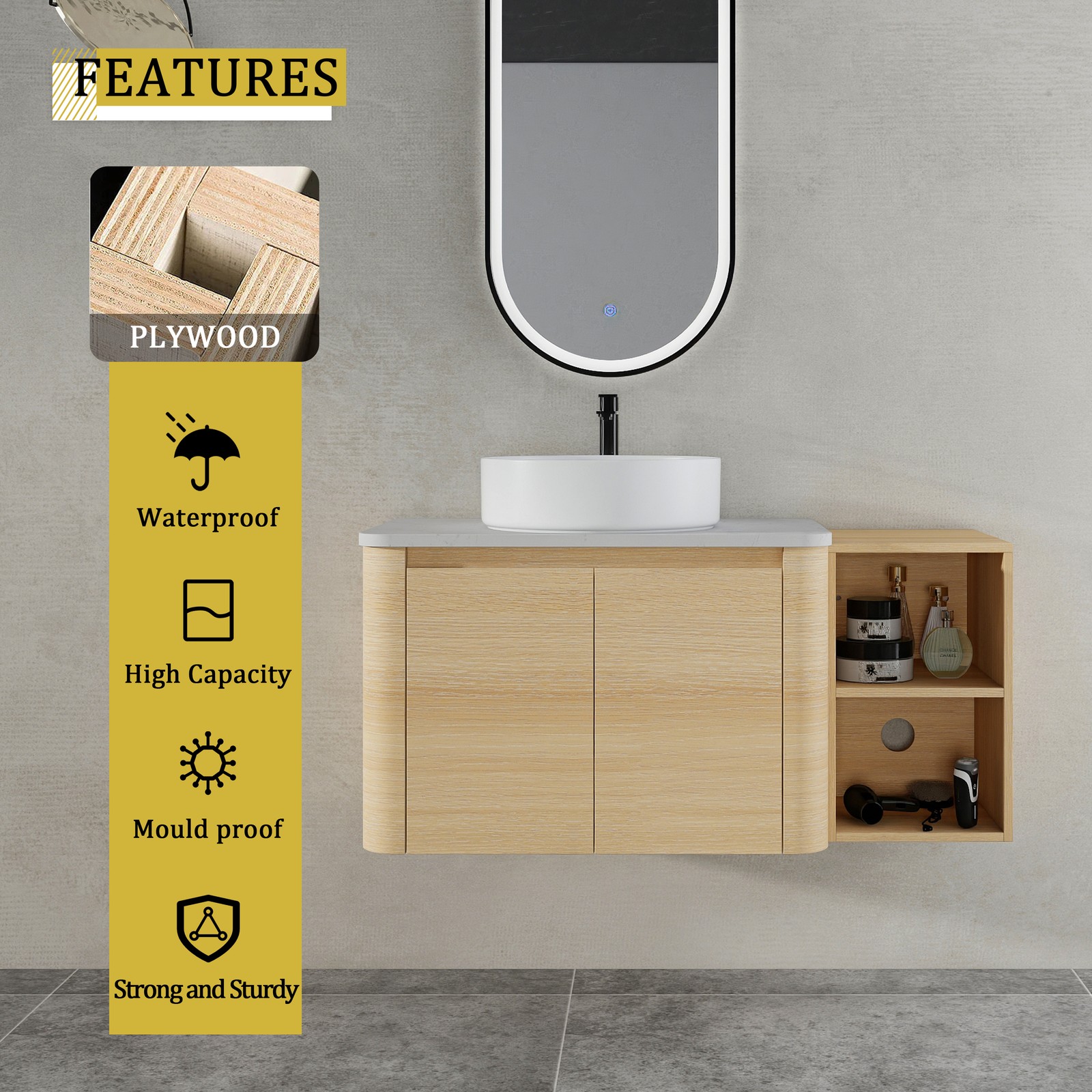 42in Plywood Floating Bathroom Vanity W/White Ceramic Basin Sink Storage Shelves
