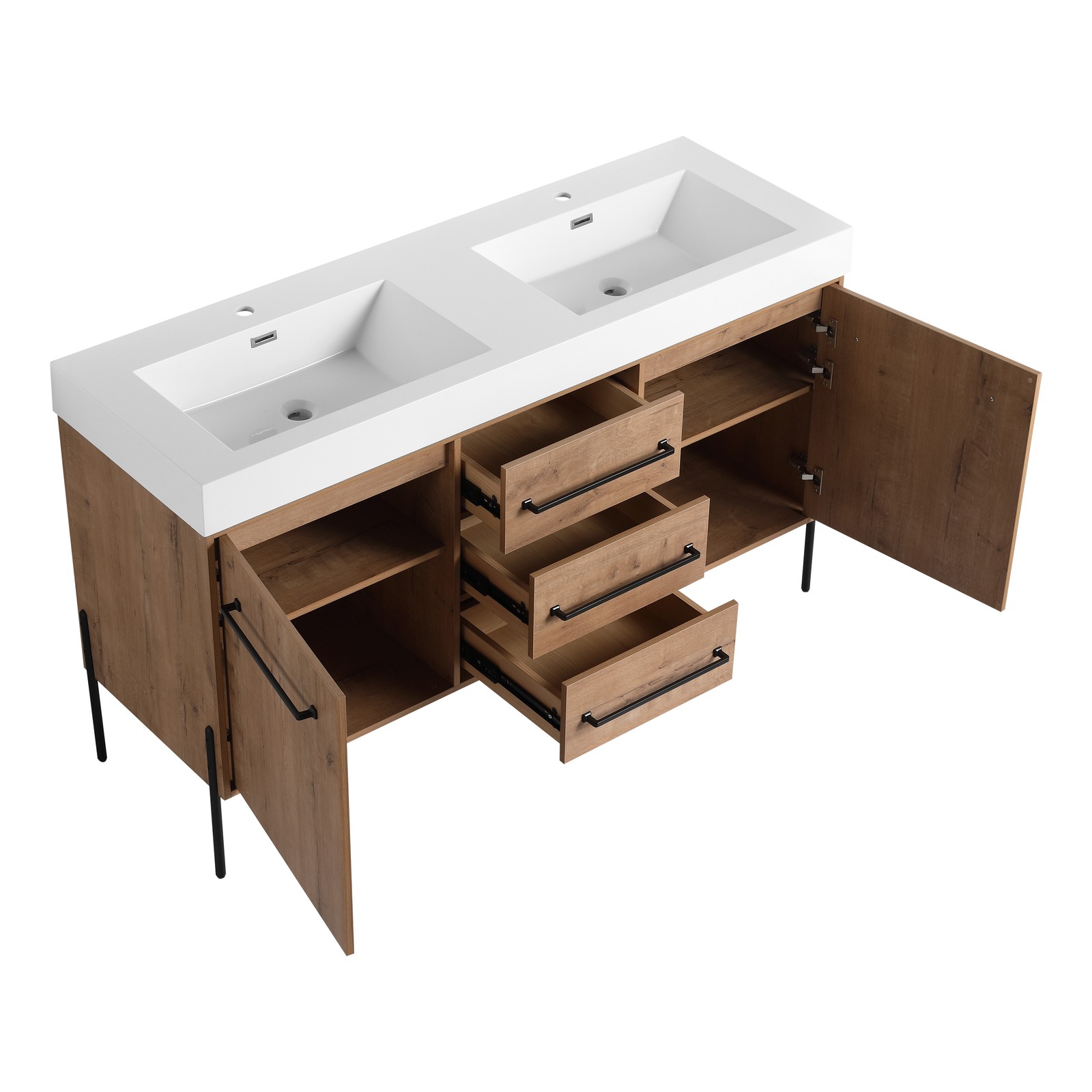 60 in Freestanding Bathroom Vanity White Double Resin Sink 2 Doors 3 Drawers