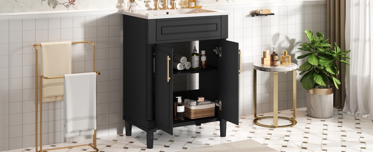24″ Bathroom Vanity w/ Sink & 2 Doors, Black, 34.95″ H Solid Wood+MDF