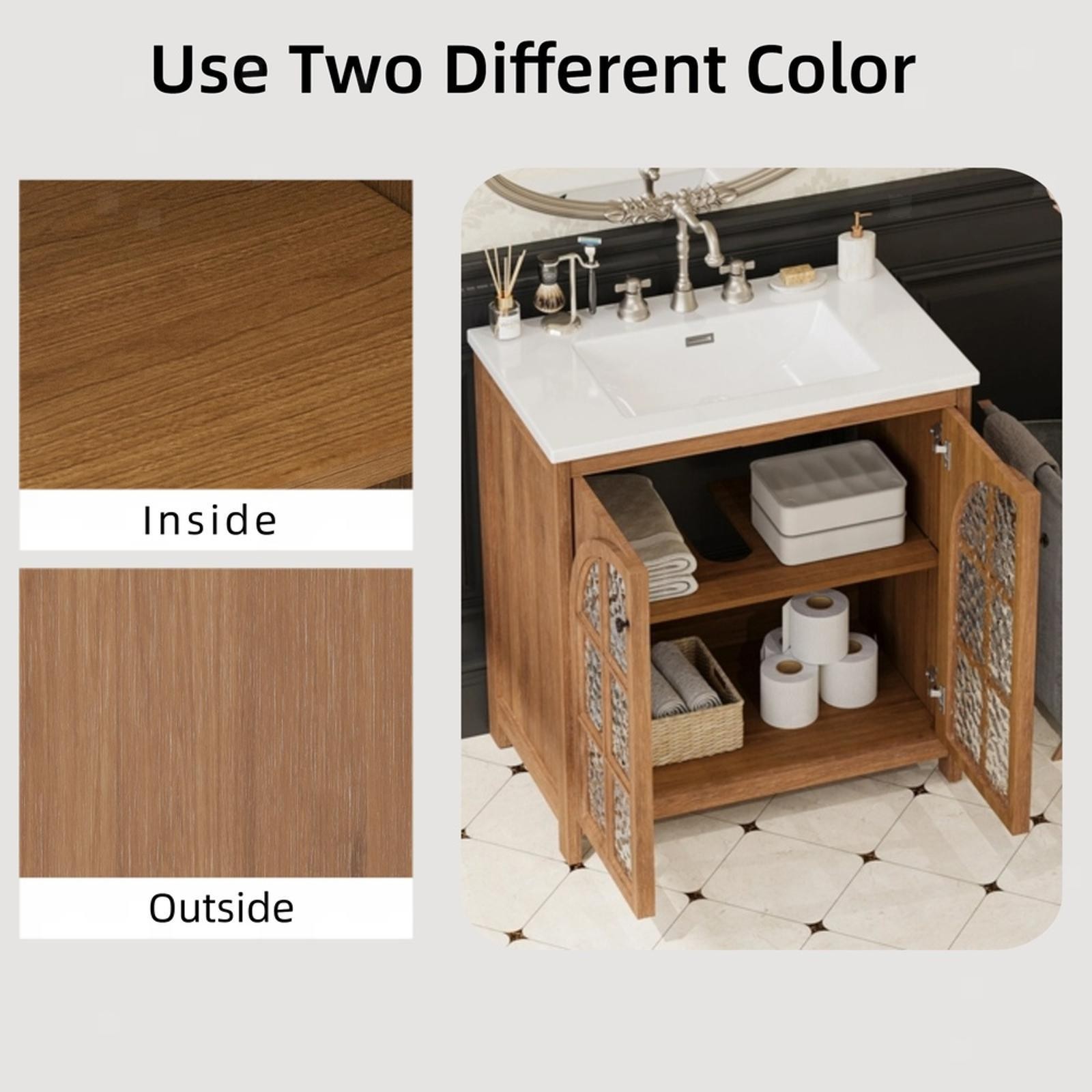 Antique 31-Inch Bathroom Vanity with Rectangle Ceramic Sink & Adjustable Shelves
