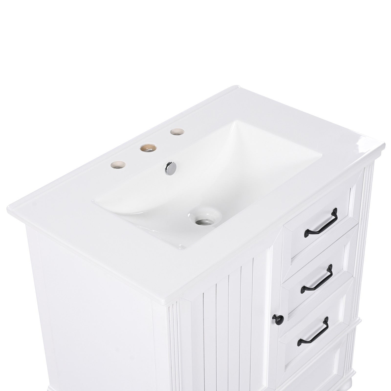 30″ Bathroom Vanity with Sink, Bathroom Cabinet with A Door, Three Drawers White