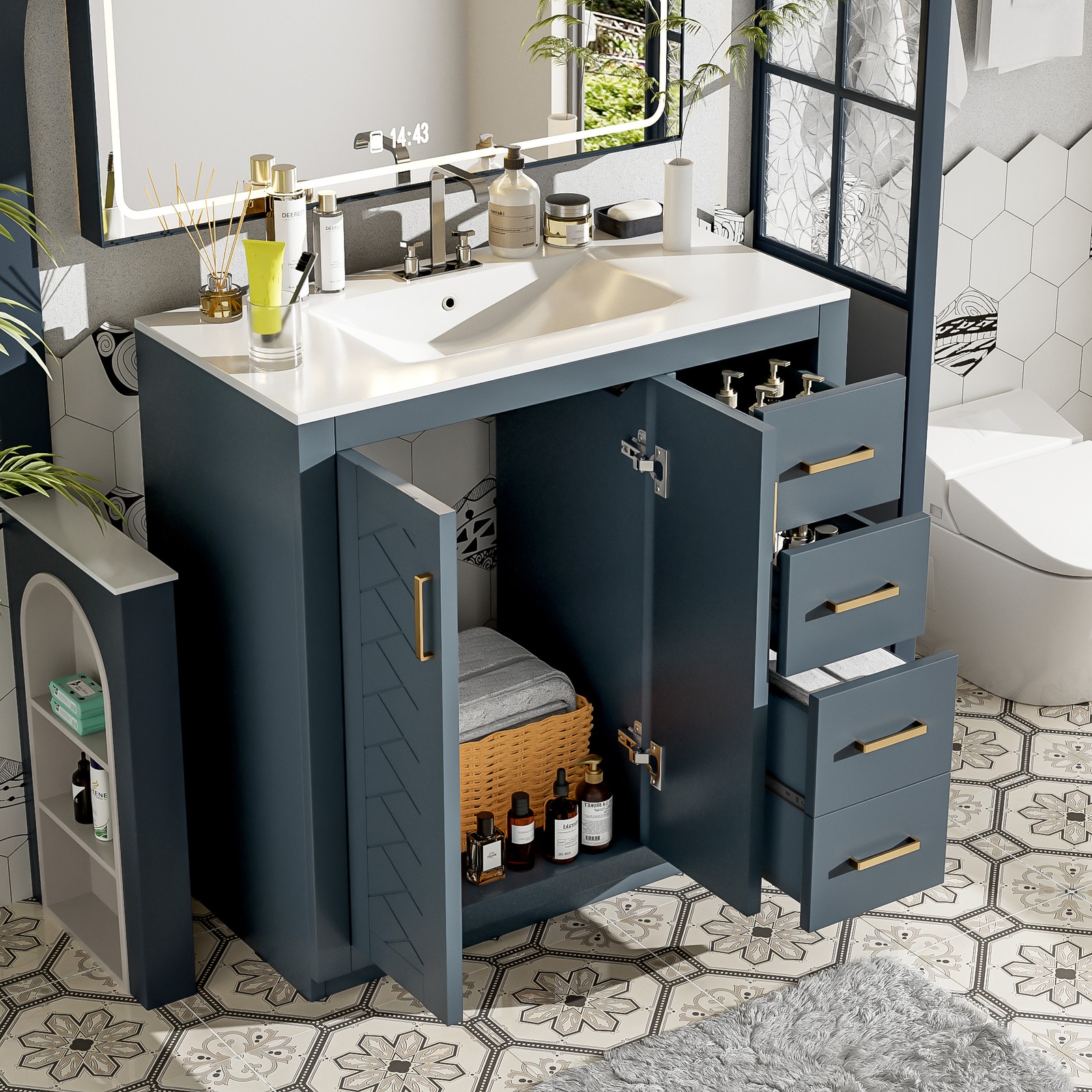 36″ Bathroom Vanity with Ceramic Sink, Solid Wood Frame, 3 Drawers & Doors