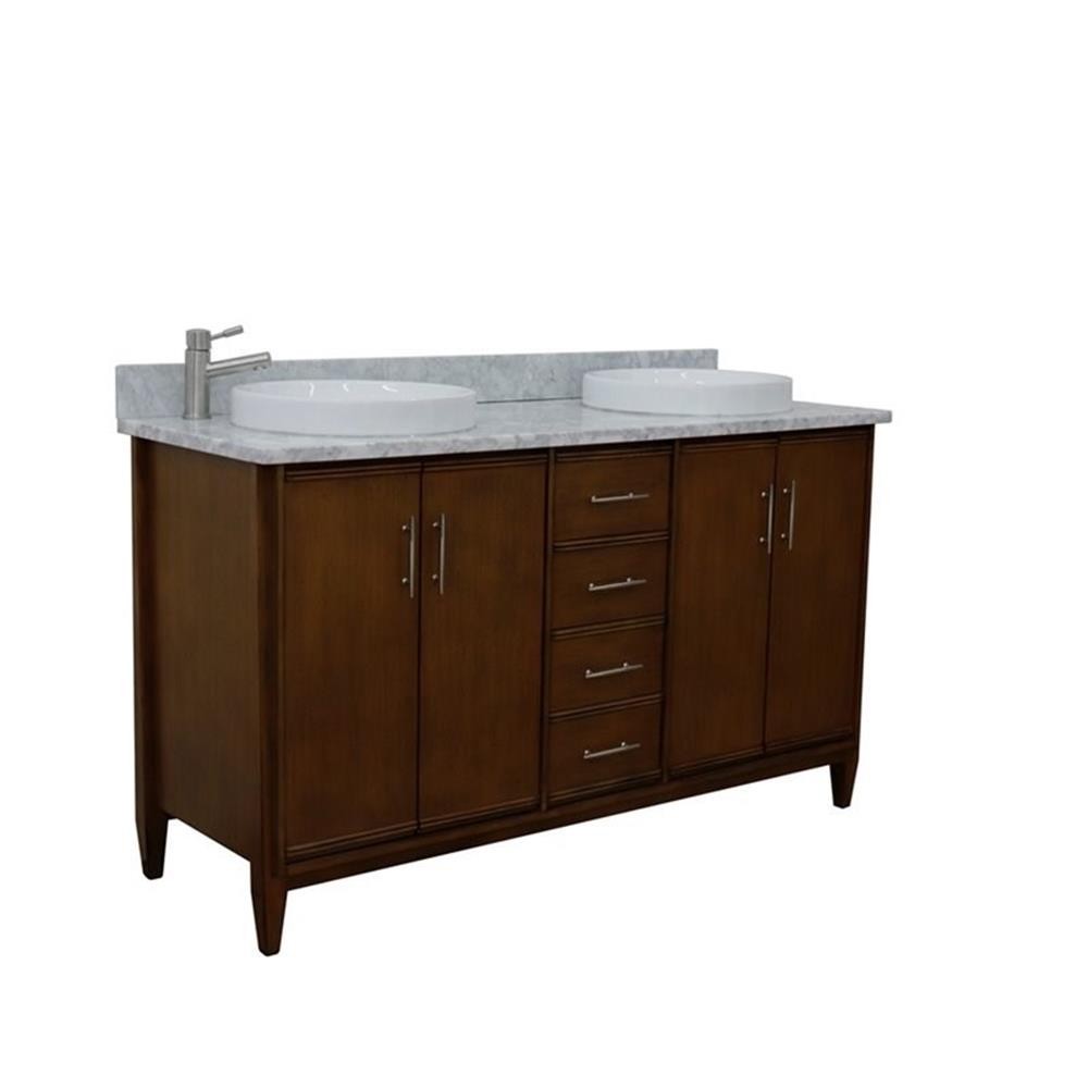 Pemberly Row 61″ Double Round Sink Vanity with White Marble Stone in Walnut