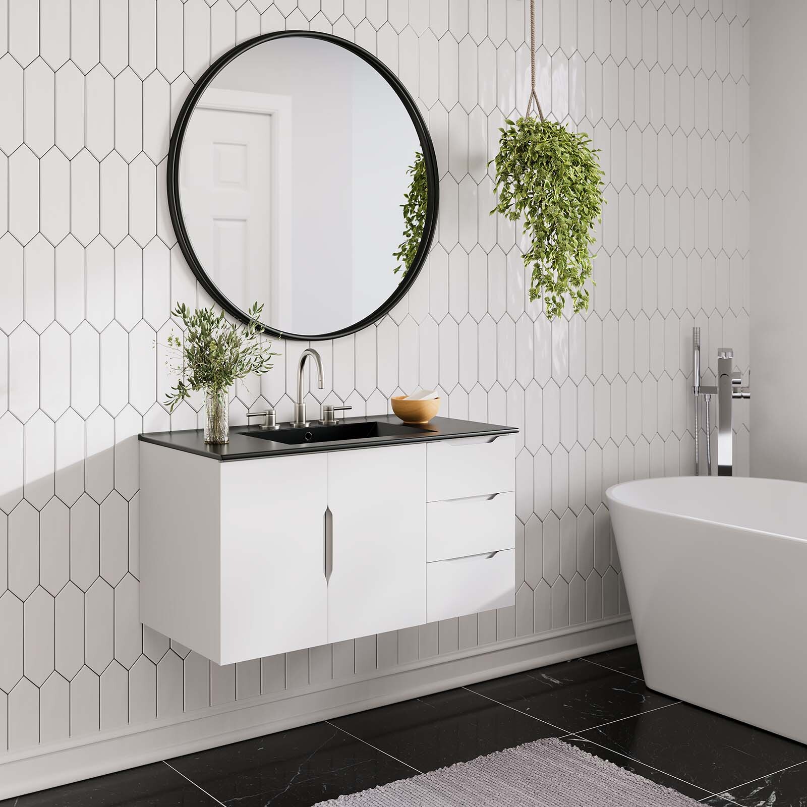 Modway Vitality 36″ Wall-Mount Bathroom Vanity in White Black