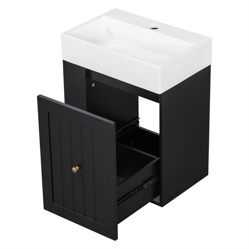 20″ Bathroom Vanity w/Ceramic Sink Black Storage Cabinet with Drawer,Side Shelf