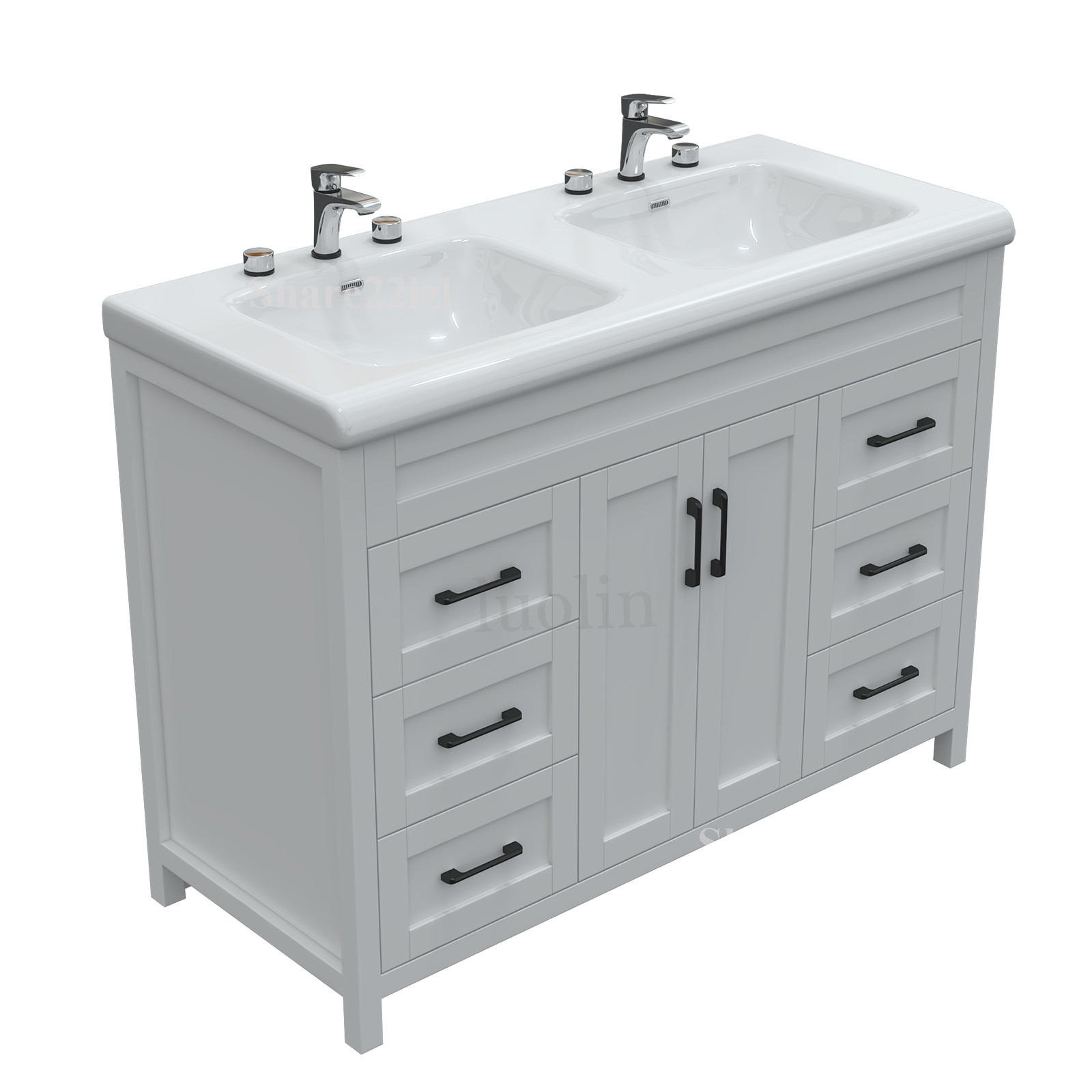 47″ Bathroom Vanity Cabinet White Freestanding Drawers with Double Sink Ceramic