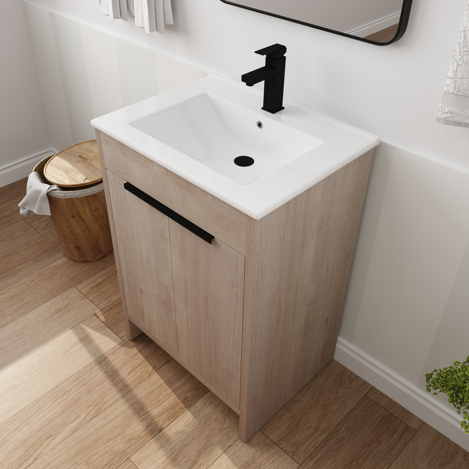 24in Wooden Freestanding Bathroom Vanity Ceramic Sink +2Doors +Adjustable Shelf