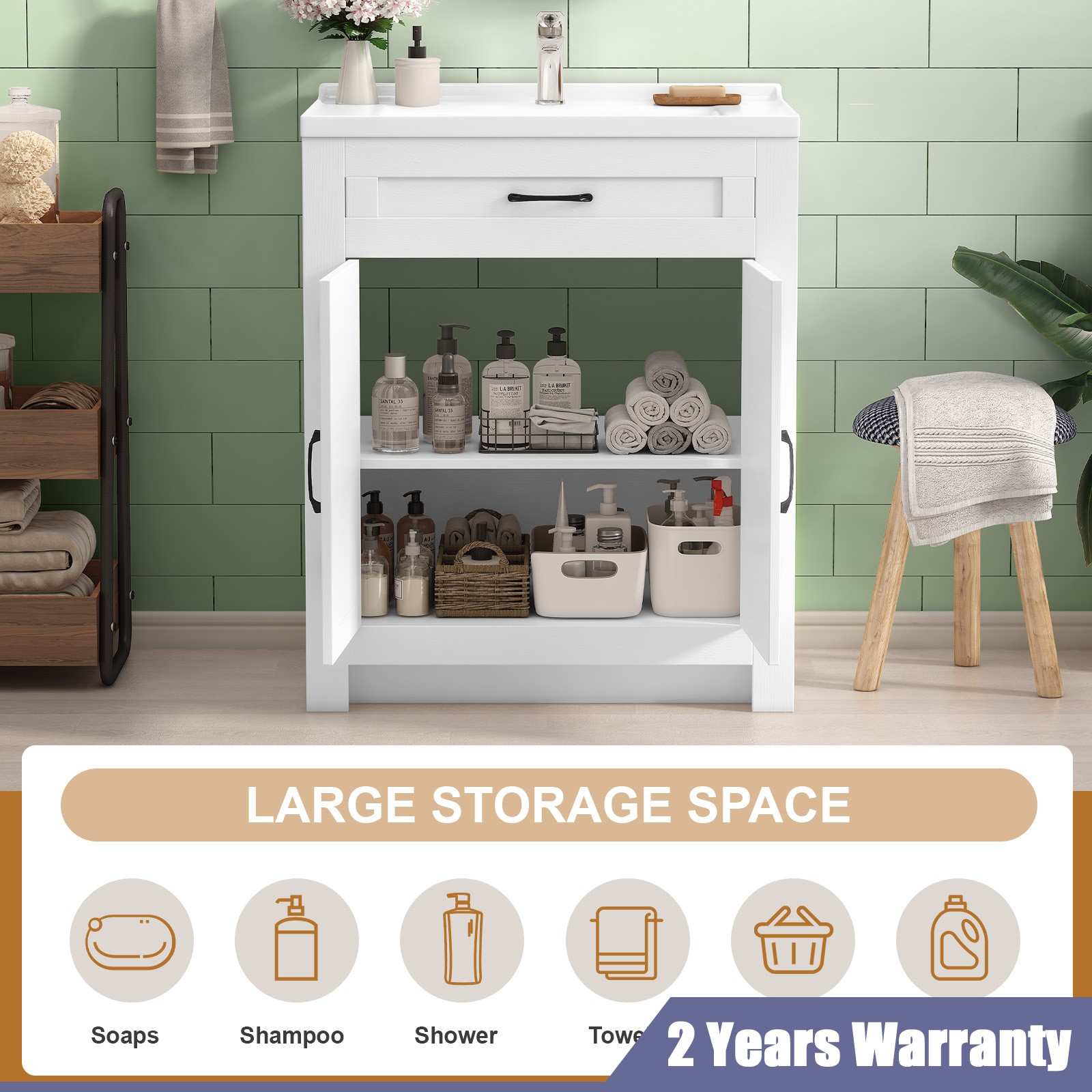 31 Inch Bathroom Vanity Cabinet Ceramic Sink Double Doors Storage Cabinet