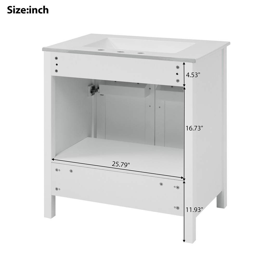 30″ Bathroom Vanity Ceramic Sink Soft Close 2 Door Drawer Silver Storage Cabinet